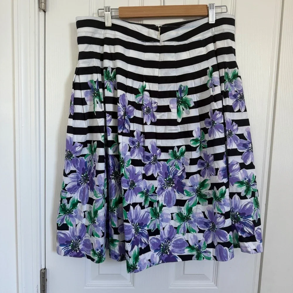 Talbots Petites Floral‎ Striped Pleated A-Line Skirt Navy White Purple 14P EUC